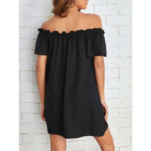 Boho Off the Shoulder Frill Trim mini Dress black - Picture 2 of 5